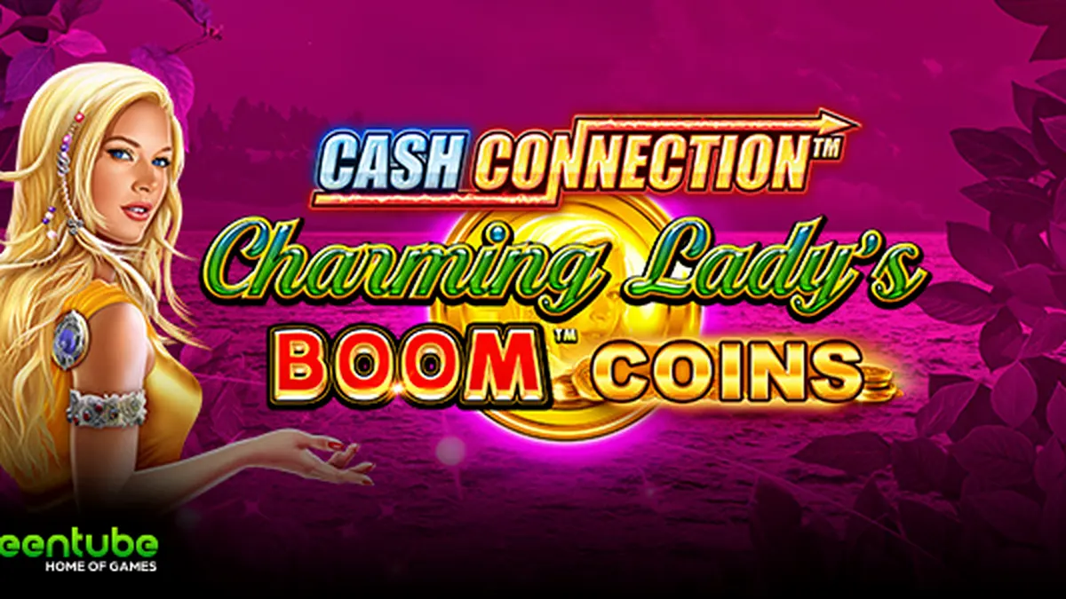 Tampilan visual permainan slot Cash Connection Charming Lady’s Boom Coins dengan latar belakang yang ceria.