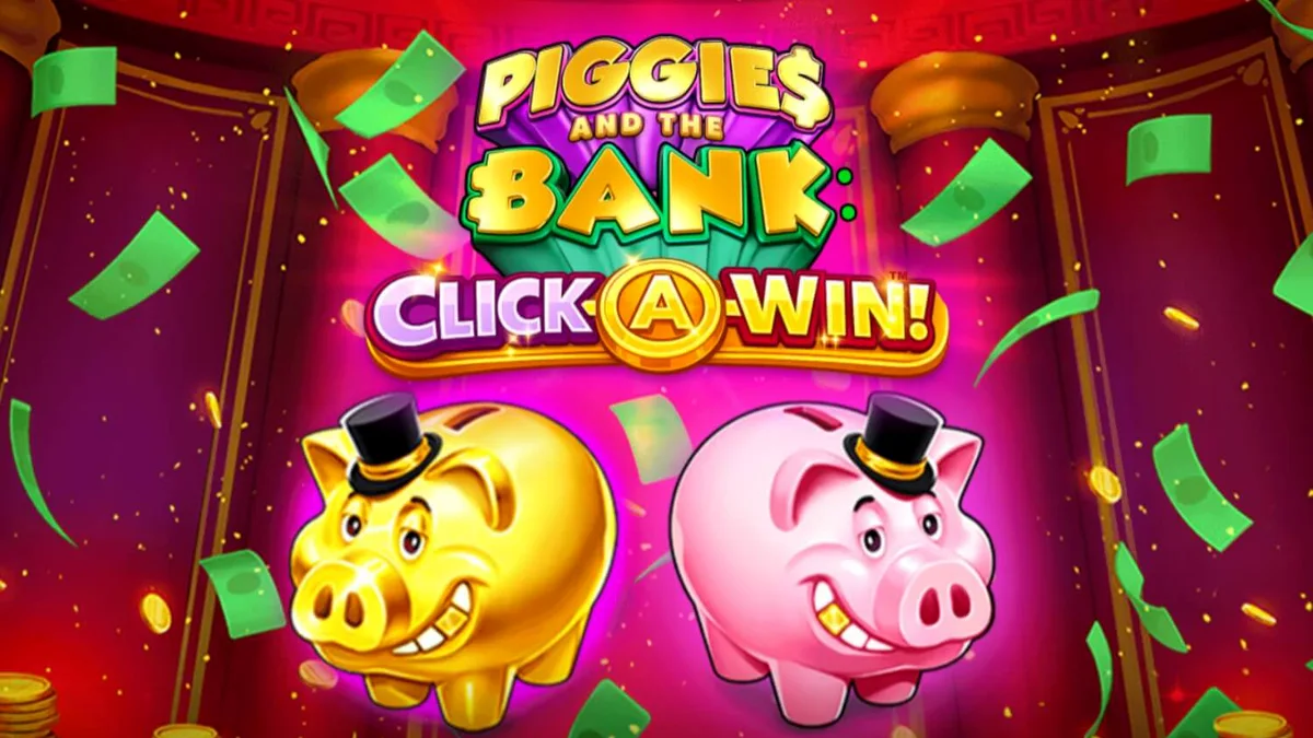 Tampilan visual slot Piggies and the Bank: Click-A-Win dengan tema celengan babi mewah