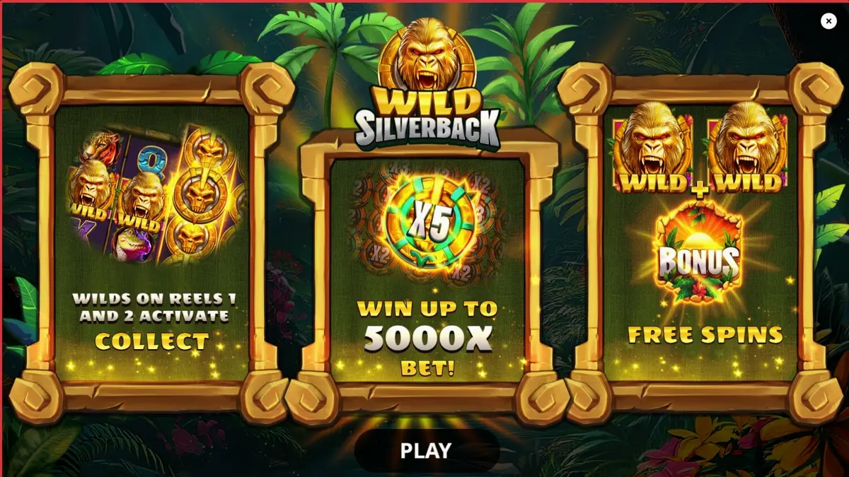 Pemandangan hutan lebat dalam slot Wild Silverback dengan simbol gorila yang megah